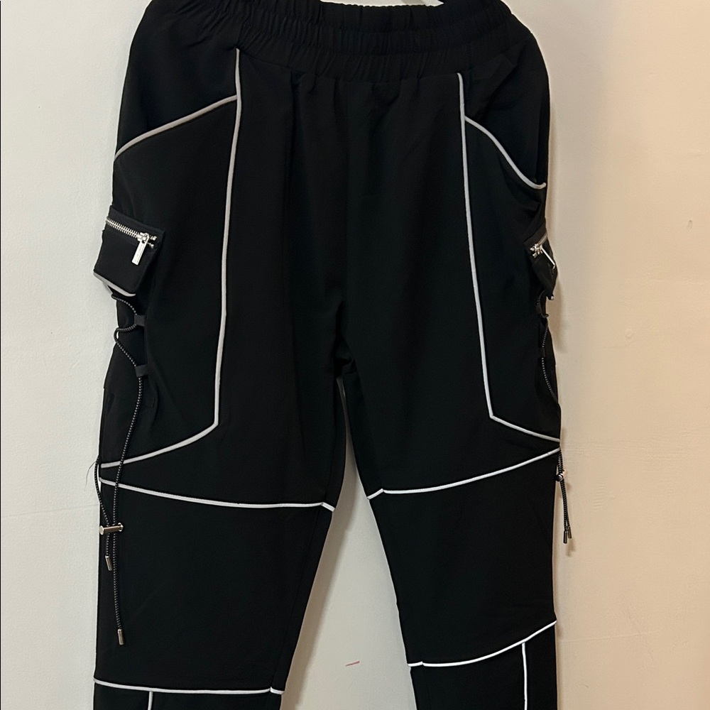 Maniere De Voir Black Cargo Pants with White Trim